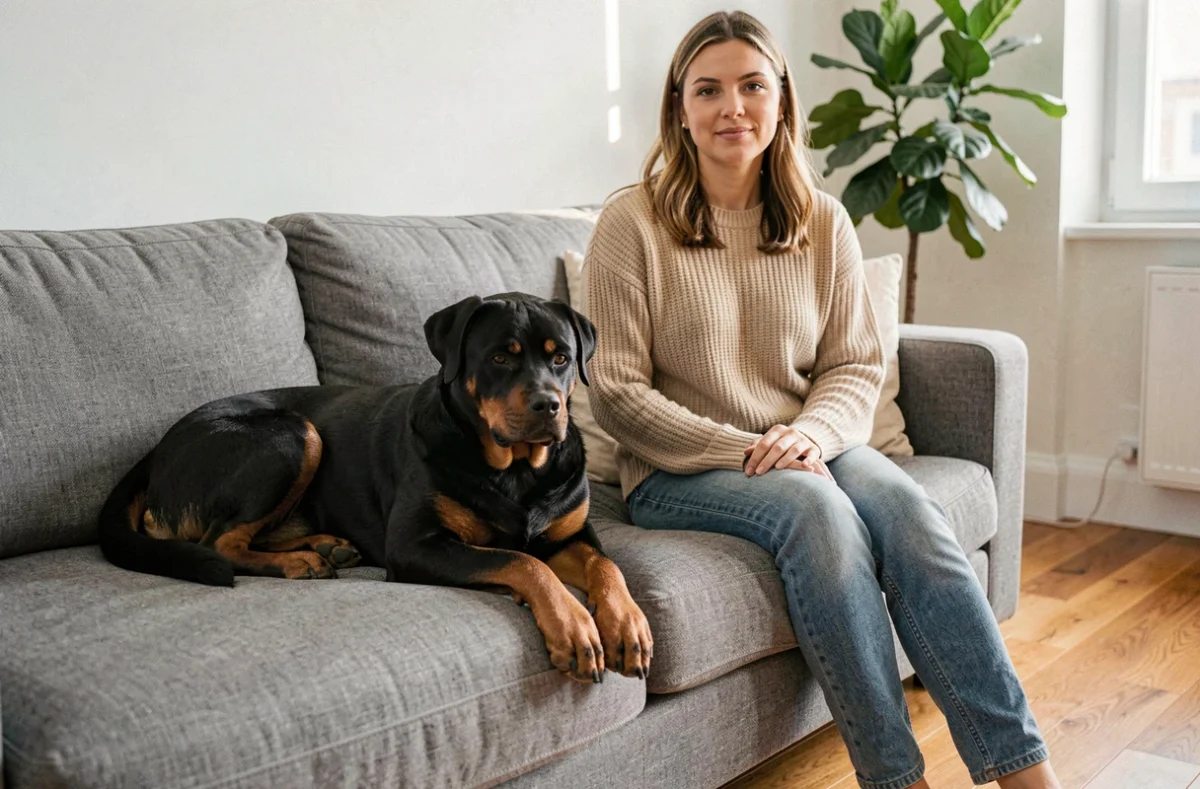 Rottweiler de compagnie au repos sur un canapé avec sa propriétaire dans un appartement moderne