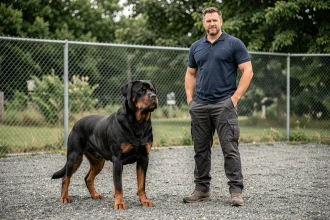 Rottweiler de travail en entraînement aux côtés de son maître-chien sur un terrain d'exercice professionnel