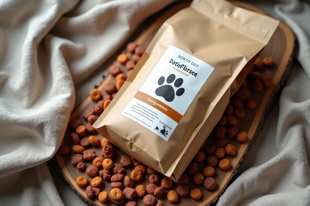 Sac de croquettes ultra premium pour chien avec détail des granulés sur bois rustique