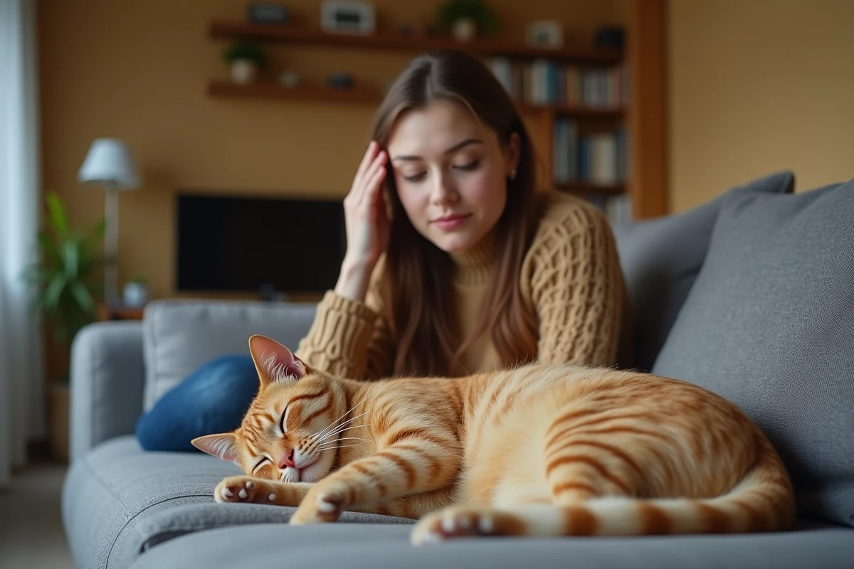 Femme surveillant son chat orange allongé et léthargiqueaprès prise d'une pilule contraceptive sans ordonnance