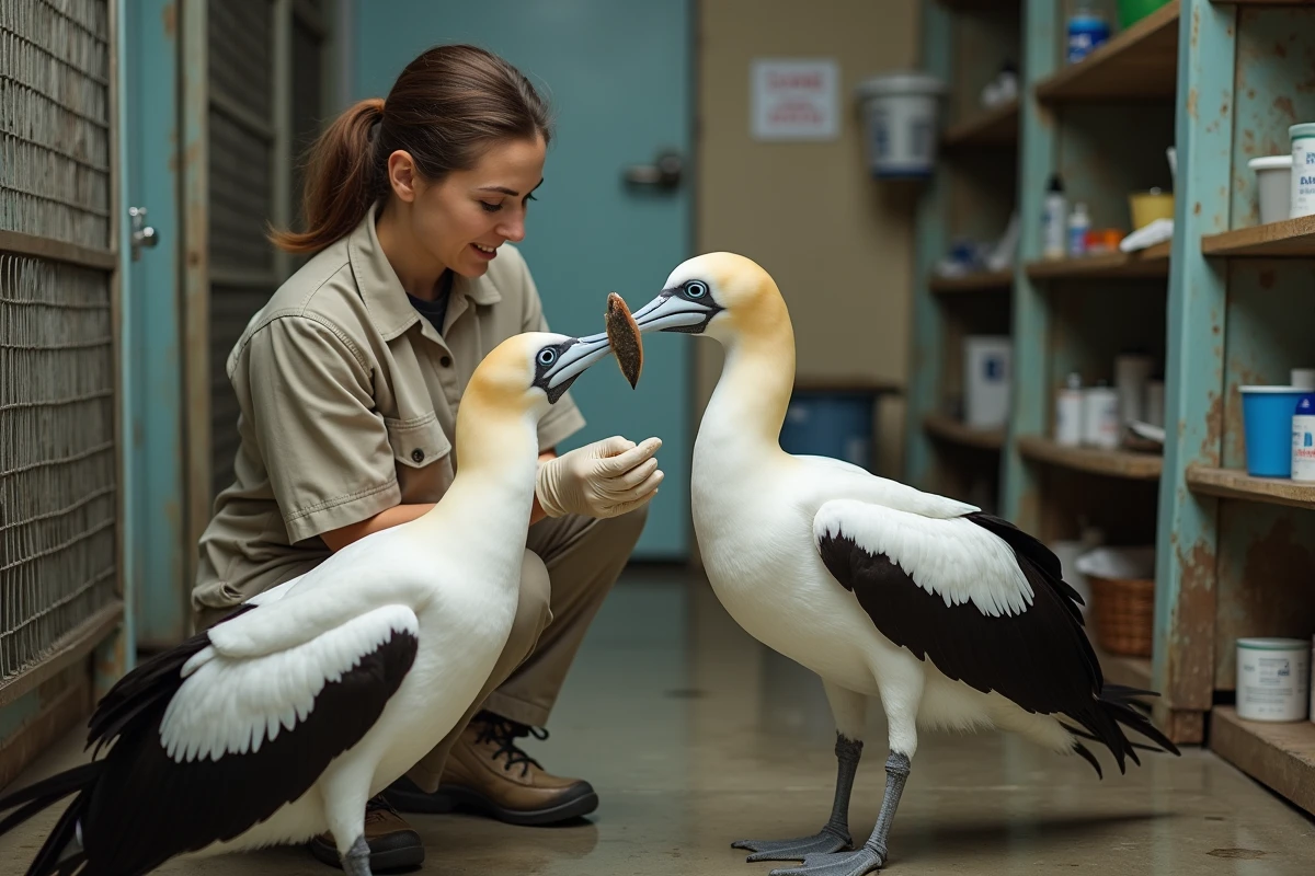 Soigneuse nourrissant un fou de Bassan dans un centre de réhabilitation d'oiseaux marins