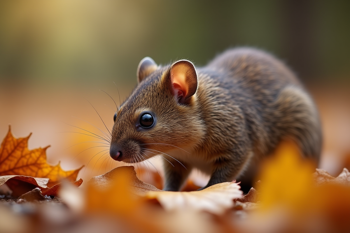 Souris cherchant de la nourriture parmi les feuilles d