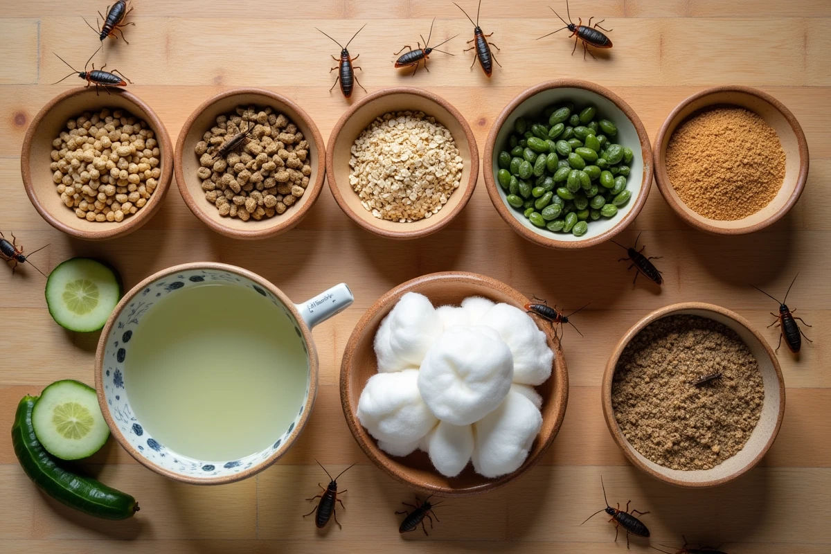 Vue aérienne d'une station d'alimentation pour grillons avec granulés, flocons d'avoine, légumes et source d'eau