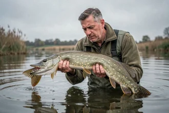 Pêcheur tenant un grand brochet par la mâchoire inférieure au-dessus de l'eau, démontrant la technique de prise en main sécurisée