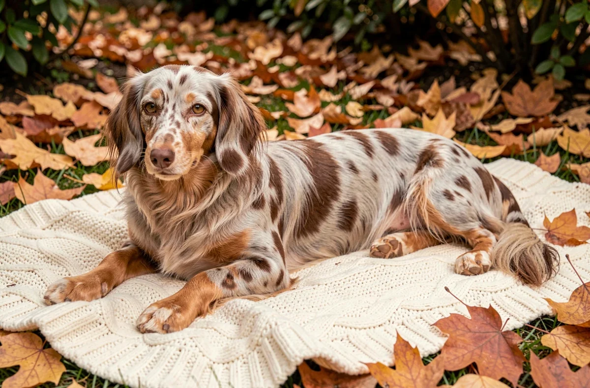 Teckel arlequin poil long allongé sur une couverture tricotée dans un jardin d'automne, pelage dapple aux tons chocolat et argent bien visible