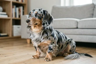 Teckel arlequin poil long assis sur un parquet en bois, mettant en valeur son pelage merle aux reflets bleu-gris et noir