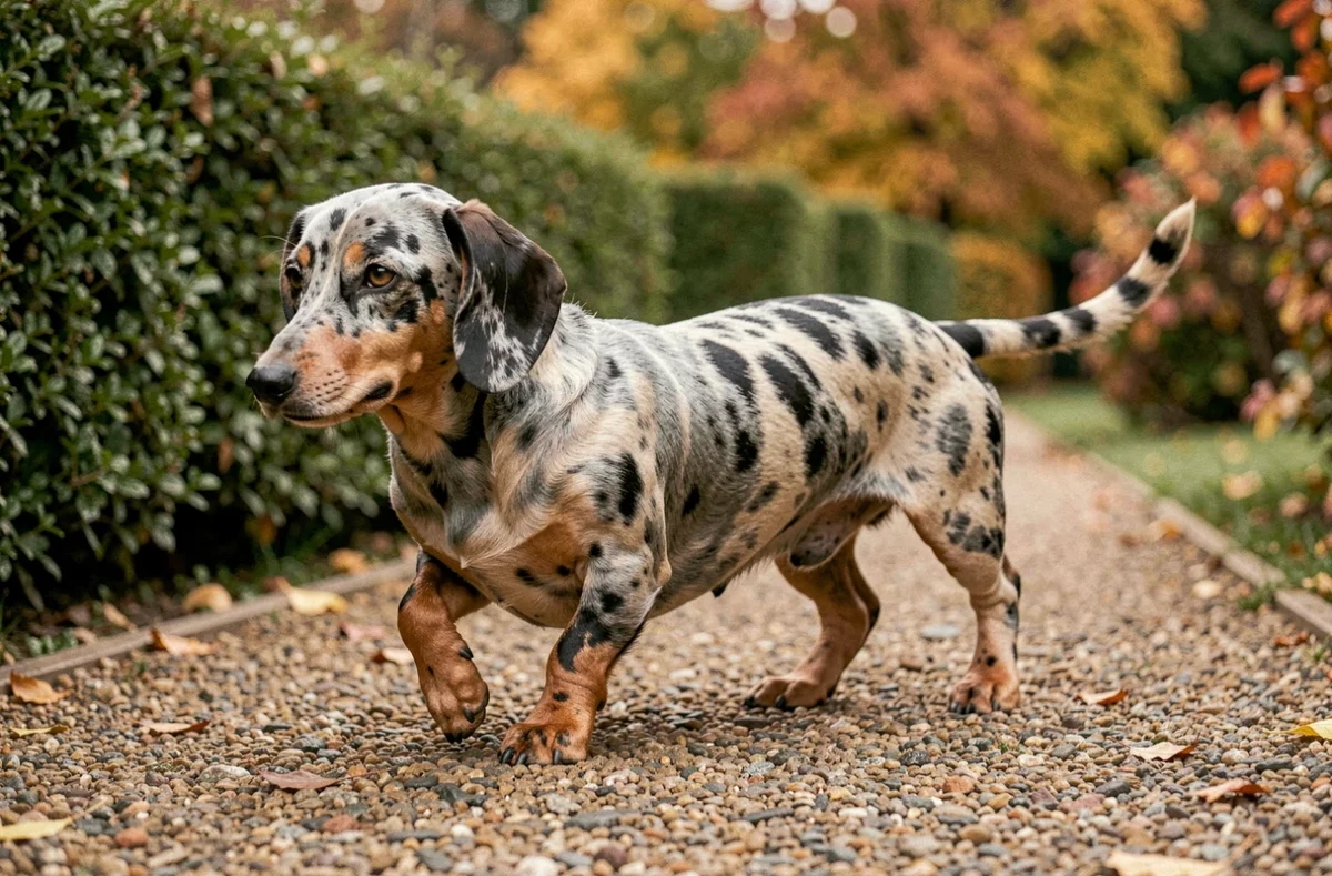 Teckel miniature arlequin poil ras en mouvement dans un jardin, révélant la robe merle arlequin avec ses taches grises, noires et crème sur tout le corps
