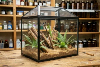 Terrarium en verre pour mante religieuse rare avec décoration naturelle en liège et fougères tropicales sur table en bois
