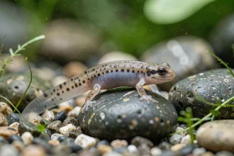 Têtard au stade des pattes arrières visible dans un aquarium naturel avec gravier et algues