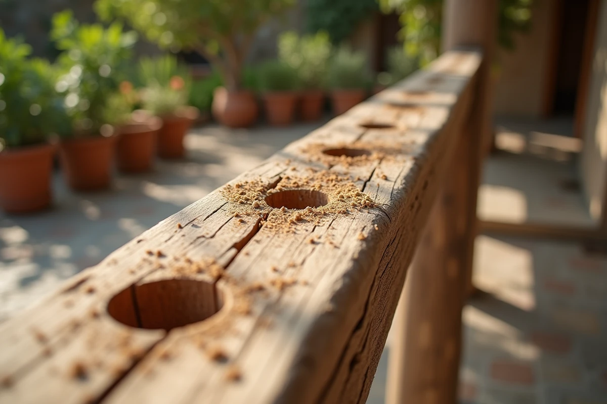Trous ronds dans une poutre en bois de pergola causés par des insectes xylophages noirs