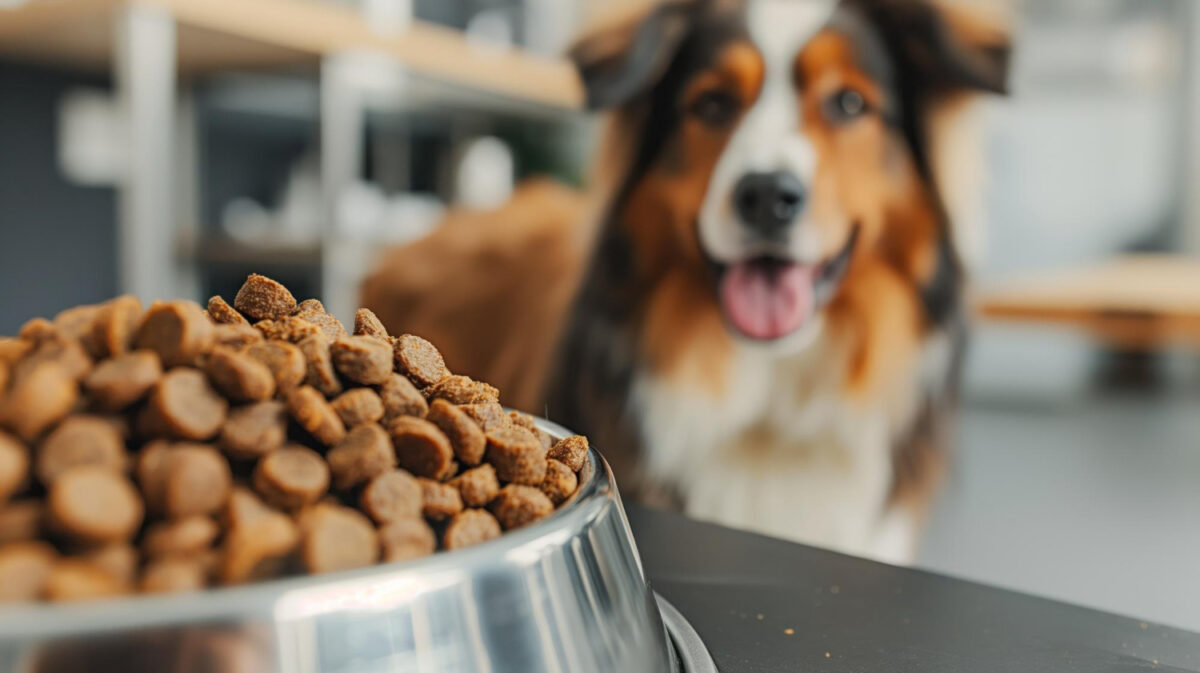 Un chien regarde sa gamelle de croquettes.