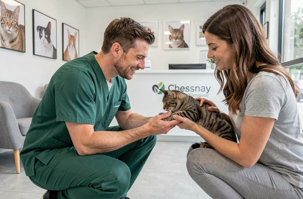 Vétérinaire accueillant un chat et son propriétaire à la réception d'Univet Le Chesnay