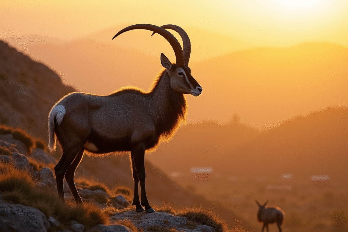 Urial mâle au lever du soleil sur un rocher avec ses cornes