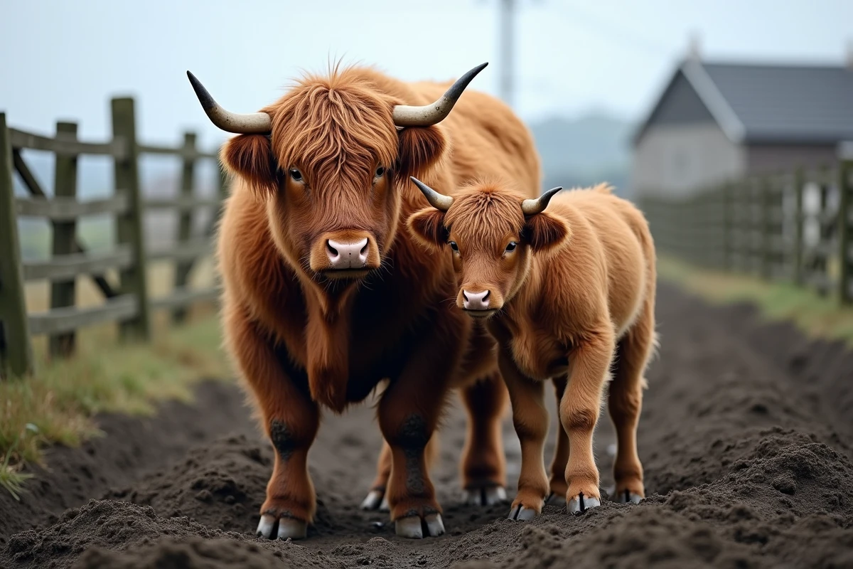 Vache Highland adulte et son veau dans un enclos extérieur en élevage extensif, montrant les interactions sociales essentielles au bien-être animal