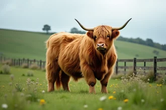 Vache Highland fluffy aux longs poils dorés dans un pré verdoyant, illustrant de bonnes conditions d'élevage en plein air
