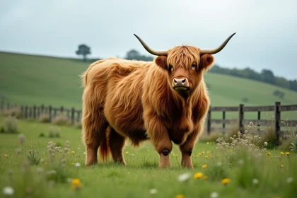 Vache Highland fluffy aux longs poils dorés dans un pré verdoyant, illustrant de bonnes conditions d'élevage en plein air