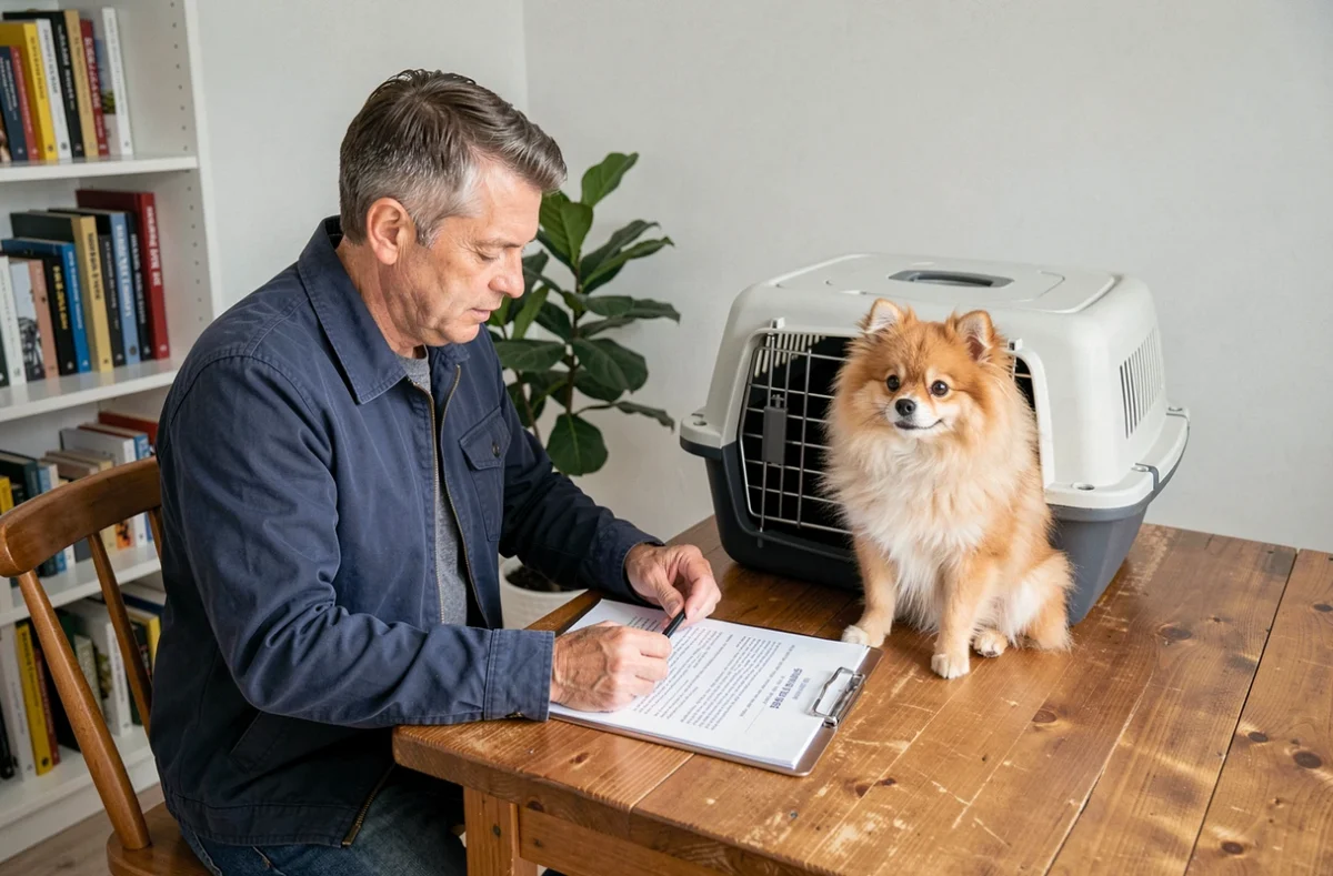 Homme examinant des documents d'adoption d'un chien Boo avec un éleveur, représentant les réflexes de sécurité pour acheter un Boo