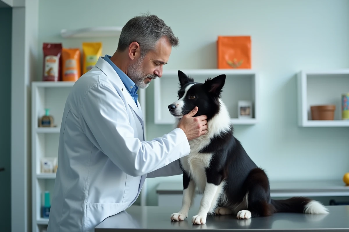 Vétérinaire examinant un border collie en bonne santé lors d'une consultation nutrition en clinique