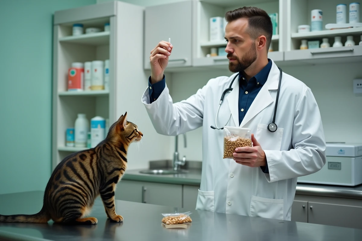 Vétérinaire conseillant une propriétaire de chat sur les marques expertes de nutrition animale en clinique vétérinaire