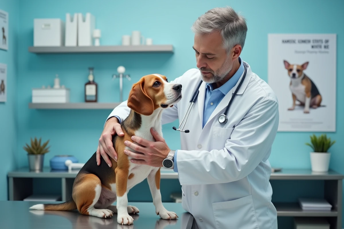 Vétérinaire examinant un beagle en clinique dans le cadre d'une consultation couverte par une mutuelle chien