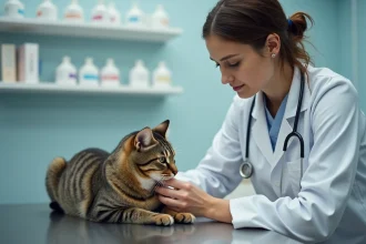 Vétérinaire examinant un chat tigré sur une table d'examen clinique après administration d'une pilule contraceptive