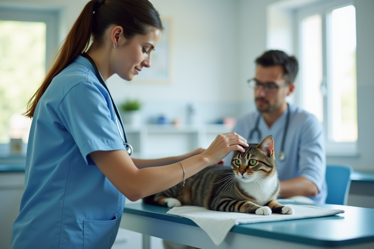 Vétérinaire examinant un chat en clinique lumineuse