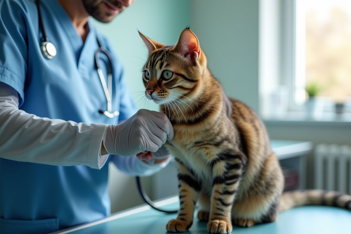 Vétérinaire examinant un chat tacheté sur la table d