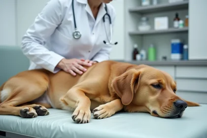 Vétérinaire examinant un chien golden retriever allongé sur une table de consultation pour diagnostiquer des vomissements