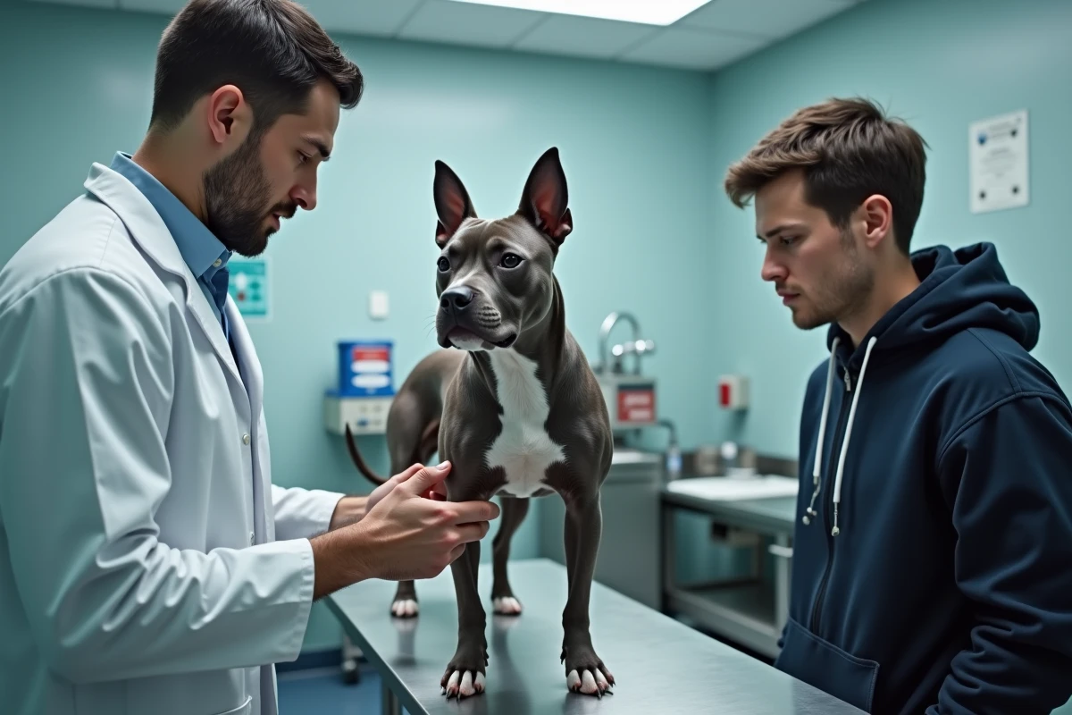 Vétérinaire rassurant un Staffordshire Bull Terrier au cabinet