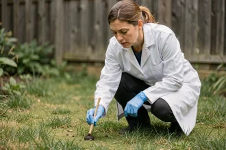 Vétérinaire en blouse blanche examinant des crottes de renard dans un jardin avec des gants de protection