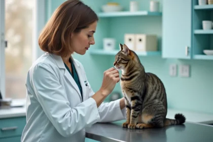 Vétérinaire examine un chat tacheté dans une clinique moderne