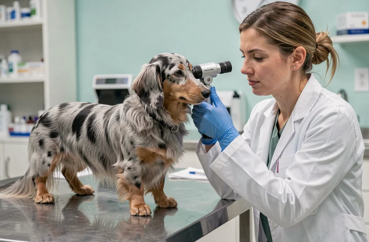 Vétérinaire examinant un teckel arlequin poil long lors d'une consultation, soulignant les risques génétiques liés au gène merle