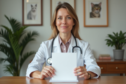 Vétérinaire femme souriante avec lettre dans un bureau chaleureux