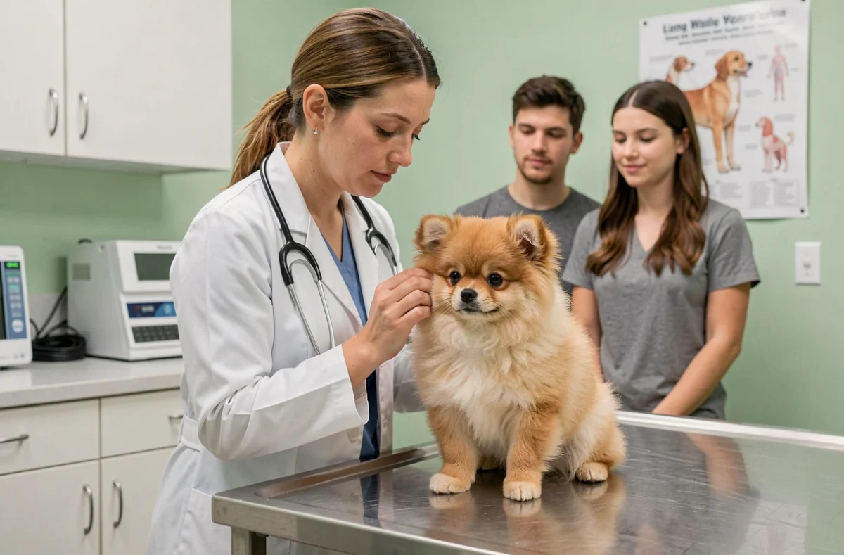 Vétérinaire examinant un chiot Boo en clinique vétérinaire, étape essentielle pour adopter un chien Boo à vendre en toute sécurité
