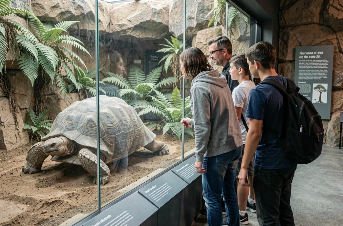 Famille observant une tortue géante à travers la vitre d'un habitat intérieur dans un zoo moderne respectueux du bien-être animal, avec des panneaux d'information éducatifs
