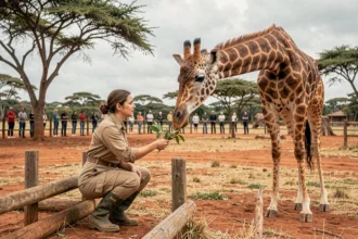 Soigneuse de zoo en uniforme offrant de la végétation à une girafe dans un habitat naturel spacieux, illustrant les pratiques responsables dans un parc zoologique éthique